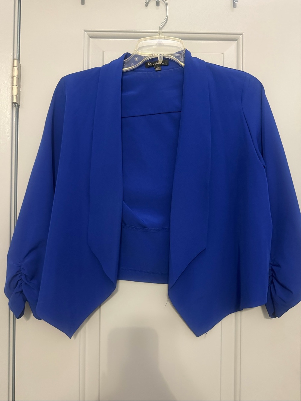 Chocolate Royal Blue Draped Open-Front Blazer